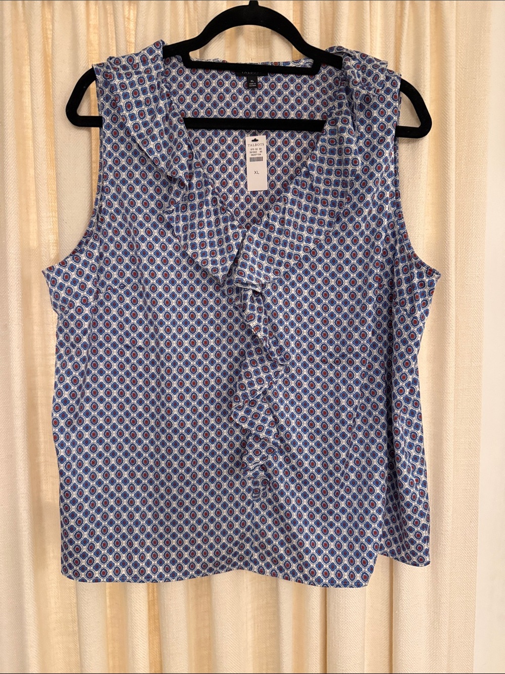 Talbots Blue Geometric Ruffle Sleeveless Top